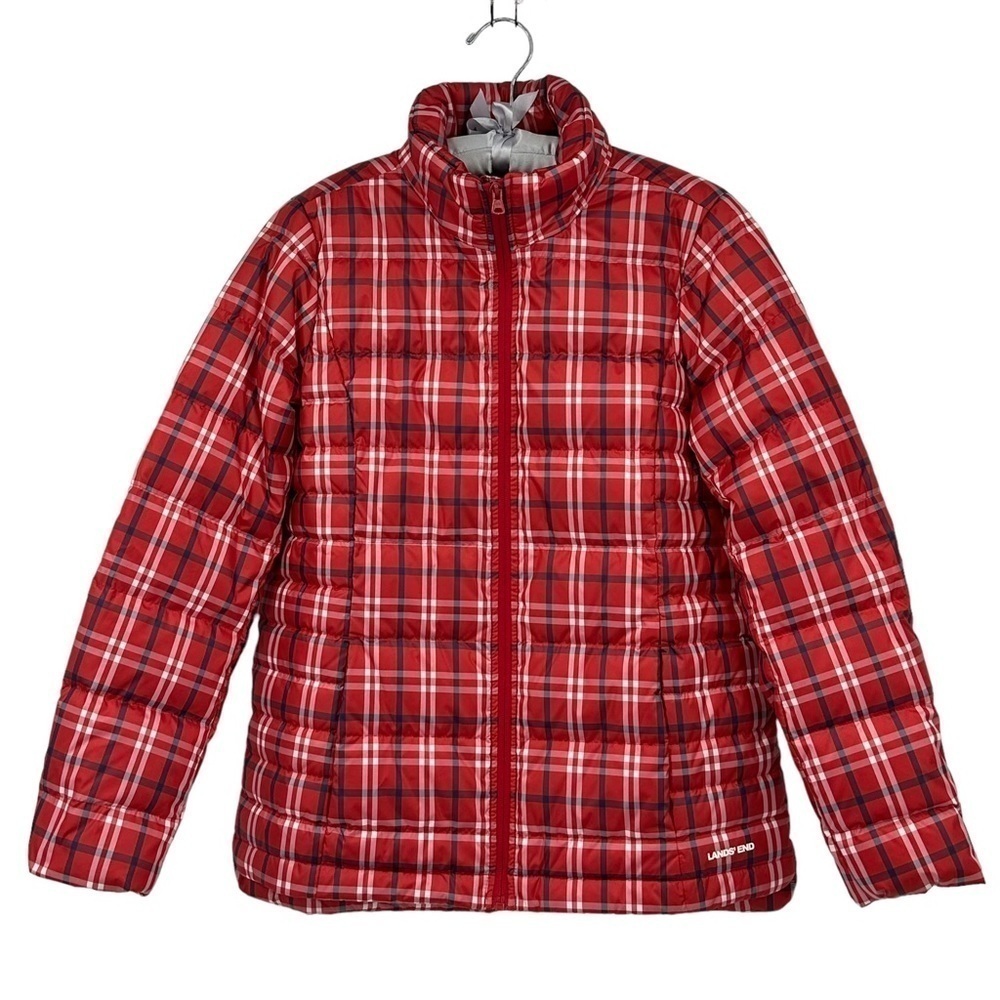 Land's End Plaid Boxy Puffer Jacket Red White‎ Blue Mock Neck Size Small